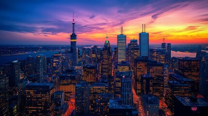 Fototapeta premium Stunning city skyline at sunset, with dramatic clouds and lights illuminating tall buildings.