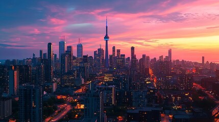 Fototapeta premium Stunning skyline of Toronto at sunset, showcasing vibrant colors and iconic structures against a breathtaking sky.