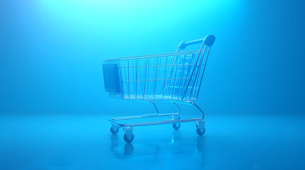 An Elegant Futuristic Shopping Cart with Bright Blue Neon Lights on a Calm Background