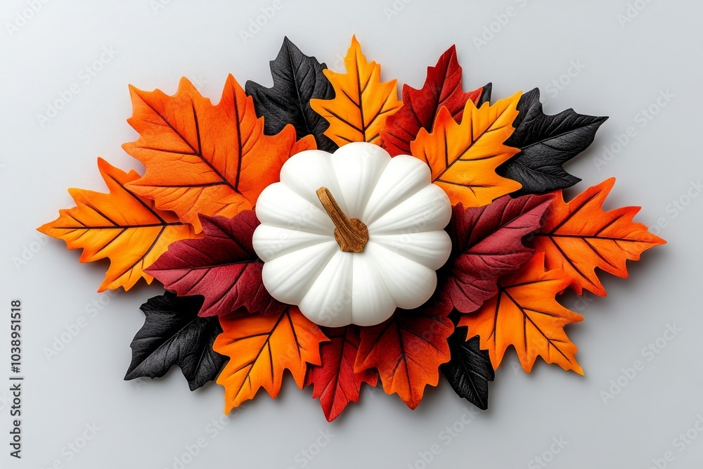 Aufkleber minimalist fall leaf arrangement, with a single branch of colorful autumn leaves and a simple white 