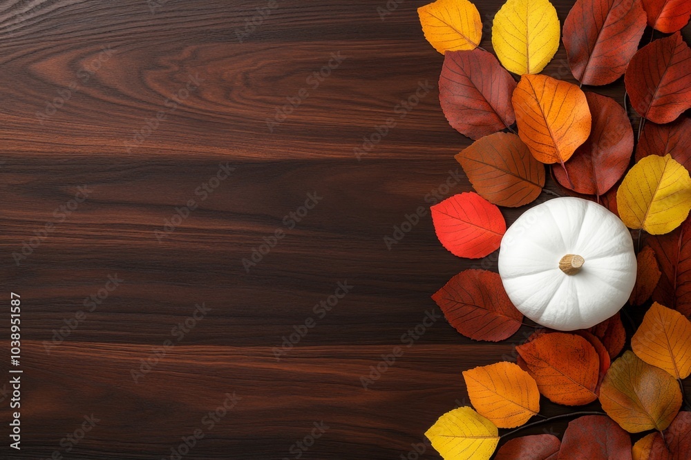 Aufkleber minimalist fall leaf arrangement, with a single branch of colorful autumn leaves and a simple white 