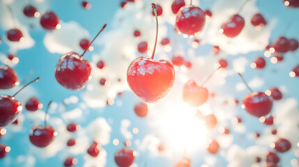 A serene dreamlike representation of cherries floating freely in a bright open sky, intertwined with fluffy clouds and gentle sunlight