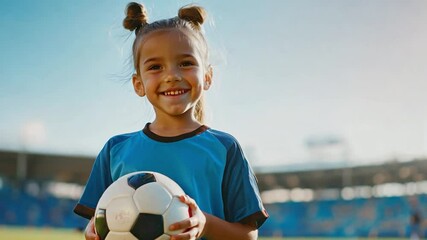 A cheerful girl in a blue shirt stands holding a soccer ball, radiating joy in a sunny stadium setting