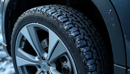 Close-up shot of a winter tire's rugged texture being mounted on a wheel, highlighting intricate tread details
