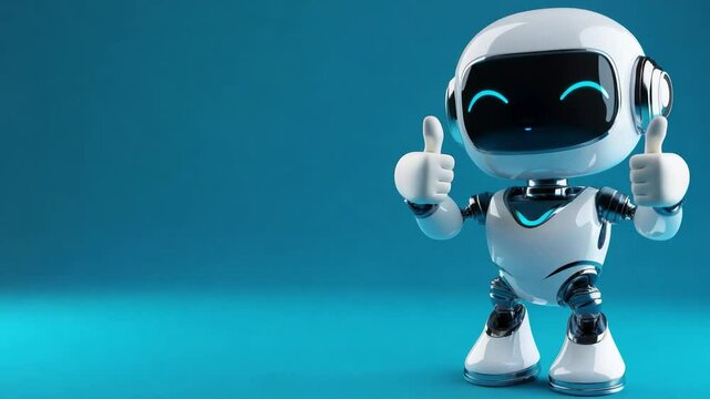 A small robot stands confidently with its thumbs up, exuding positivity against a bright blue background, copy space