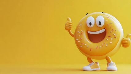 An animated, smiling donut with arms and legs stands on a cheerful yellow background, promoting fun and positivity