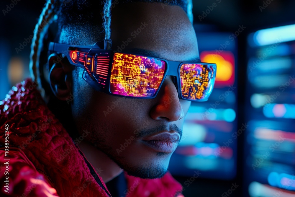 Poster person wearing futuristic goggles, with multiple screens projecting different realities in front of 