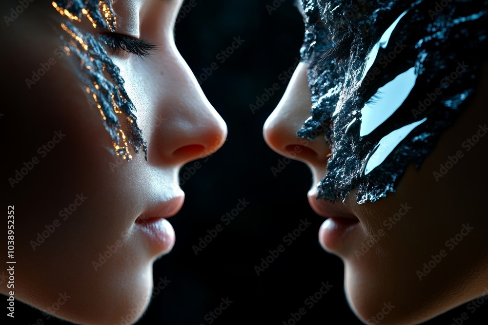 Poster personâ€™s face half in light and half in shadow, with intricate details of emotion on each side, re