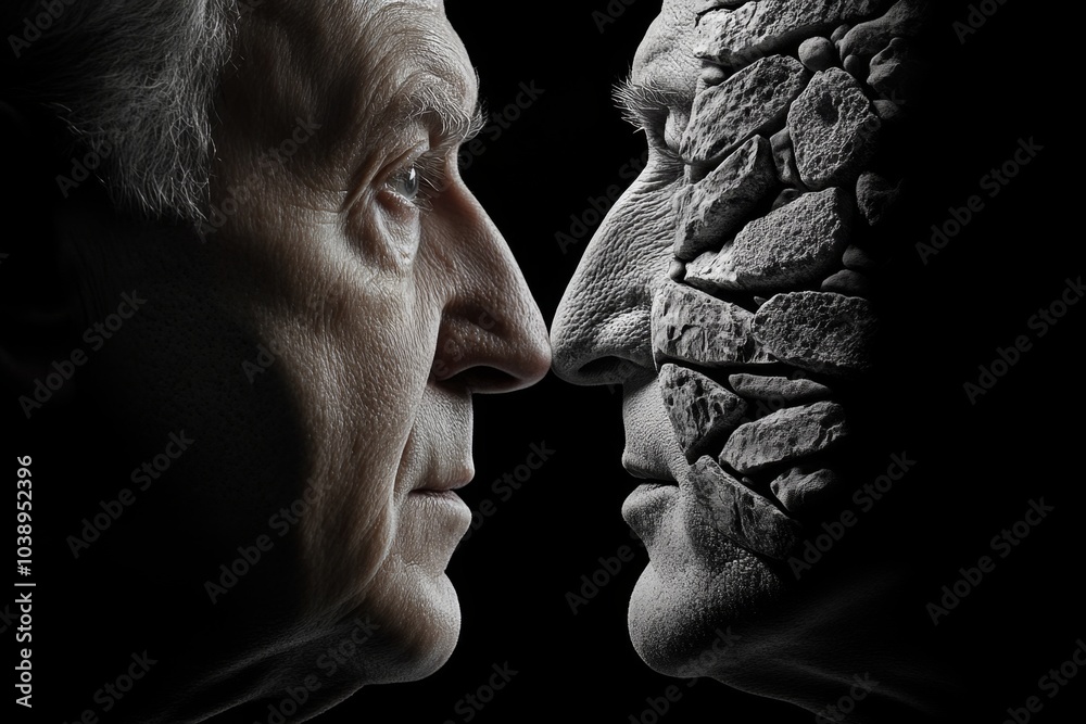 Poster personâ€™s face half in light and half in shadow, with intricate details of emotion on each side, re