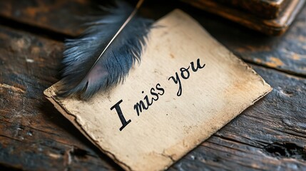 An old letter on the wooden table with the words "I miss you" text 
