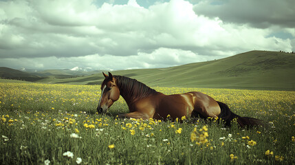 A Curly Horse Resting Peacefully in a Lush Green Pasture Surrounded by Blooming Wildflowers