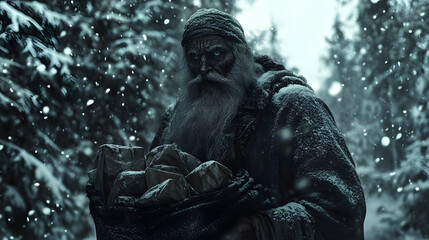 A Dark and Malevolent Reimagining of Santa Claus with Twisted Features and Cursed Gifts