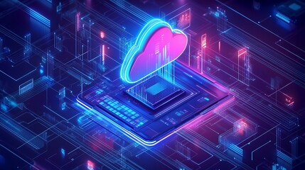 Computer chip with cloud connected to network of digital nodes, symbolizing integrated services. Blue and pink background of the future world. A computer screen with a cloud on it.