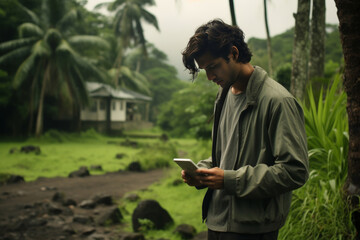 Obraz premium Thoughtful young caucasian man checking messages on his smartphone outdoors in tropical jungle. communication, travel and adventure. remote digital access and technology in nature
