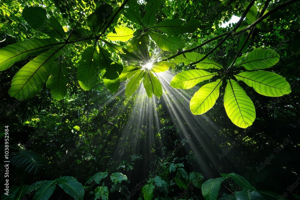 Poster rainforest canopy with rays of light filtering through the leaves, illuminating the lush green jungl