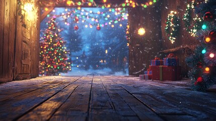 Obraz premium A wooden floor adorned with Christmas lights surrounds a doorway and features a centerpiece Christmas tree