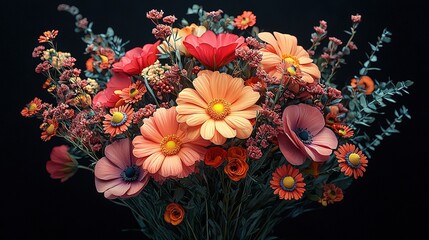   A close-up of a colorful bouquet in a dark background, featuring red, orange, and yellow flowers