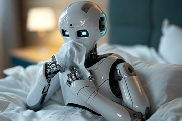 Humanoid Robot On Bed Sneezing In Handkerchief In Bedroom, robot, child, ai, artificial, cold, intelligence, code, sick, tech, machine, allergy, technology, future, bed, 4, 0, nose, industry