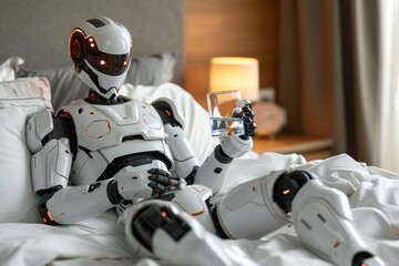 Humanoid Robot On Bed Taking Pill With Glass Of Water In Bedroom.