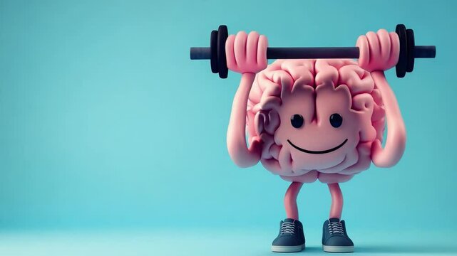 A cheerful cartoon brain lifts a weight, illustrating the connection between physical exercise and mental wellness, standing on blue backdrop with copy space