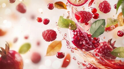   Raspberries, leaves, and water splash on white background, with a splash of water in the foreground