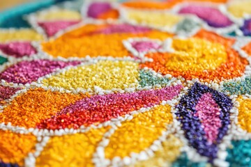 A rangoli pattern created with colored sand and rice. 