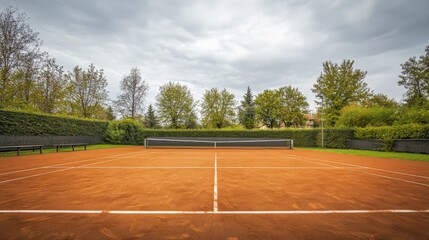 A tennis court with clay surface, outdoor setting with overcast sky, Natural style