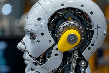 Fototapeta premium Close-up Of Humanoid Robot Ear With Yellow Earplug, robot, earplug, ai, artificial, ear, intelligence, code, noise, tech, machine, protection, technology, future, safety, 4, 0, medical