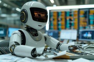 Happy humanoid robot calculating financial data at desk.