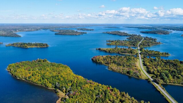 Bird eye view of St. Laurent River at Long Sault Parkway