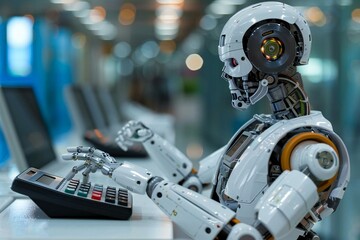 Fototapeta premium Close-up Of Humanoid Robot Calculating Budget With Calculator At Desk