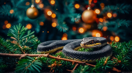 Fototapeta premium Snake - Symbol of 2025 according to Eastern tradition, against the backdrop of the New Year tree