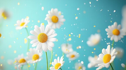   A group of white daisies featuring yellow centers on a blue backdrop with droplets cascading from their petals