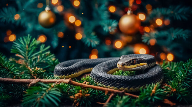 Snake - Symbol of 2025 according to Eastern tradition, against the backdrop of the New Year tree