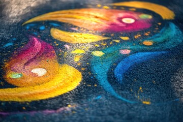 A rangoli pattern created with vibrant colored powders. 