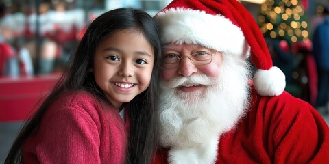 Fototapeta premium A young girl is smiling at Santa Claus. Concept of joy and excitement, as the girl is posing for a picture with Santa. The scene is likely taking place during the holiday season