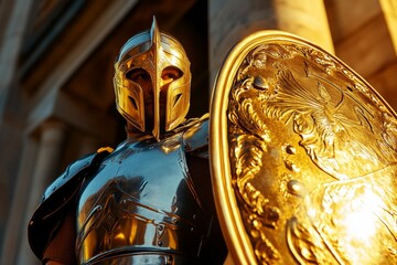 Spartan soldier standing on guard at the city gate, with the sun setting behind him casting a long shadow