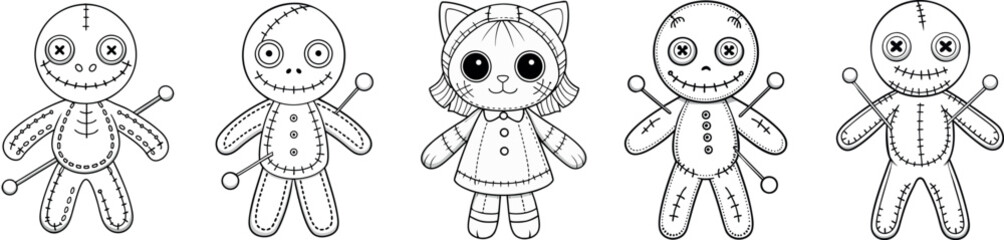 Set adorable plush dolls with unique designs and expressions, whimsy, showcases creativity and charm