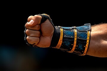 Fototapeta premium Spartan warrior's hand gripping a spear in hyper-realistic detail, showing the tension and strength of the moment