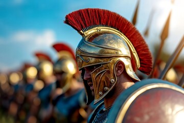 Spartan warriors marching in formation, their bronze shields and spears glistening under the hot sun of the battlefield