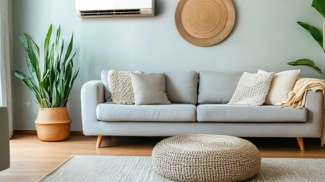 A light gray sofa is complemented by natural accents and lush indoor plants, creating a warm and inviting living space