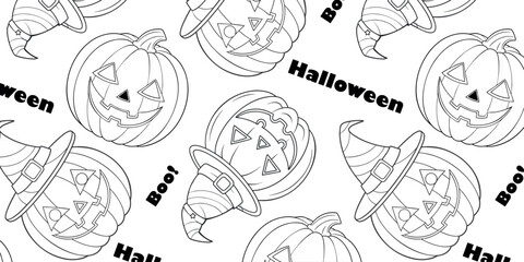Halloween pumpkin and witch hat pattern with Boo and Halloween text, for holiday-themed products, wrapping paper, decorations