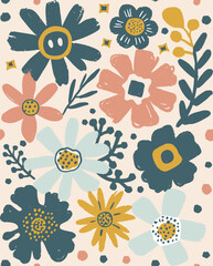 Fototapeta premium Floral seamless pattern featuring hand-painted flowers and leaves in a variety of colors