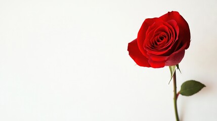 Fototapeta premium Red rose atop white table near green stem, white walls background