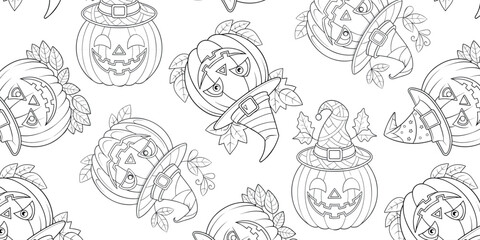Pumpkin and witch hat Halloween repeating pattern, for seasonal textile designs, gift wraps, digital backgrounds