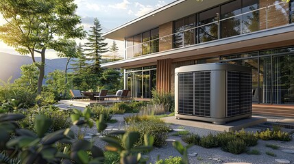 Heat pump system installed on the exterior of a modern building