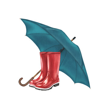 recommend clip art: Watercolor illustration of red rain boots and blue umbrella for autumn-themed designs