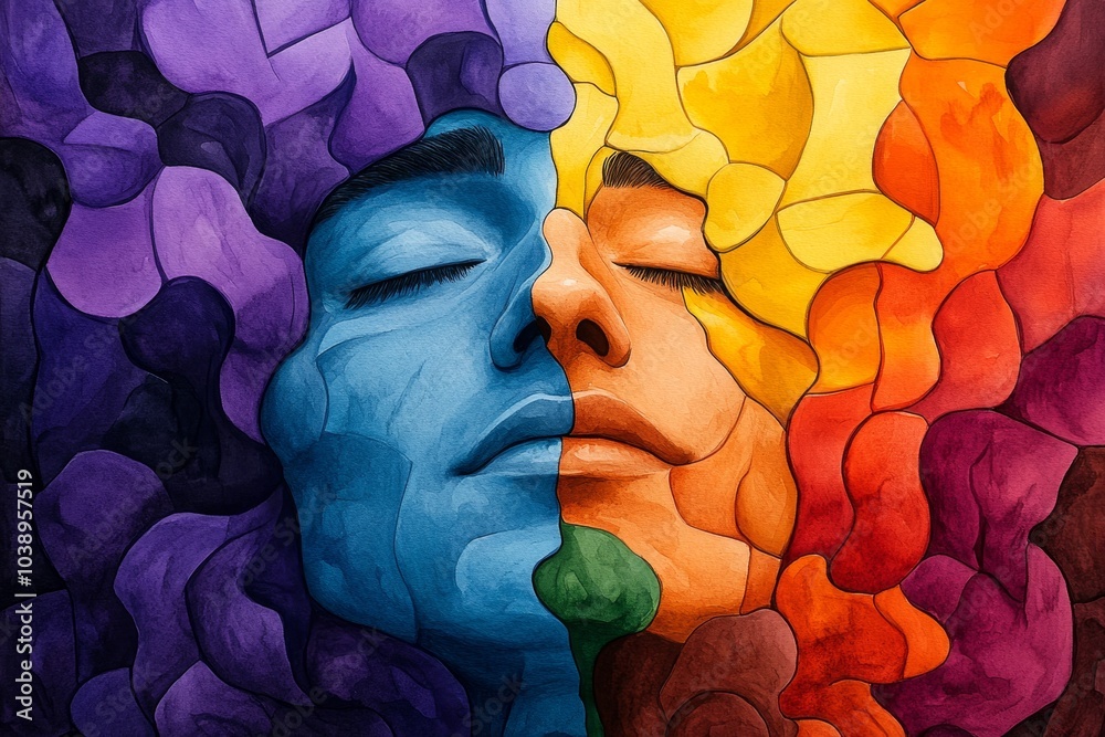 Poster watercolor painting of a face, with half of it melting into abstract shapes and colors, representing