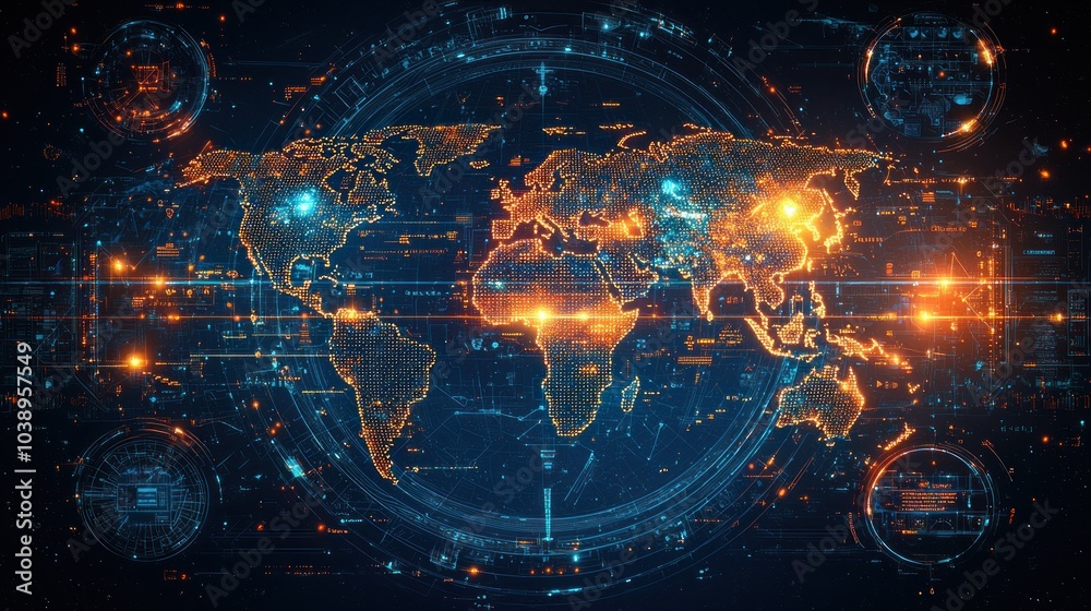 Poster a digital representation of the world map with glowing orange and blue lines