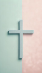 Christian cross on a pastel colored paper textured background with copy space